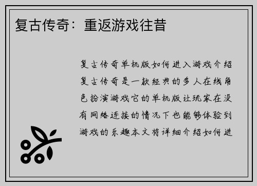 复古传奇：重返游戏往昔