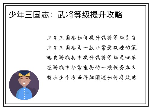 少年三国志：武将等级提升攻略